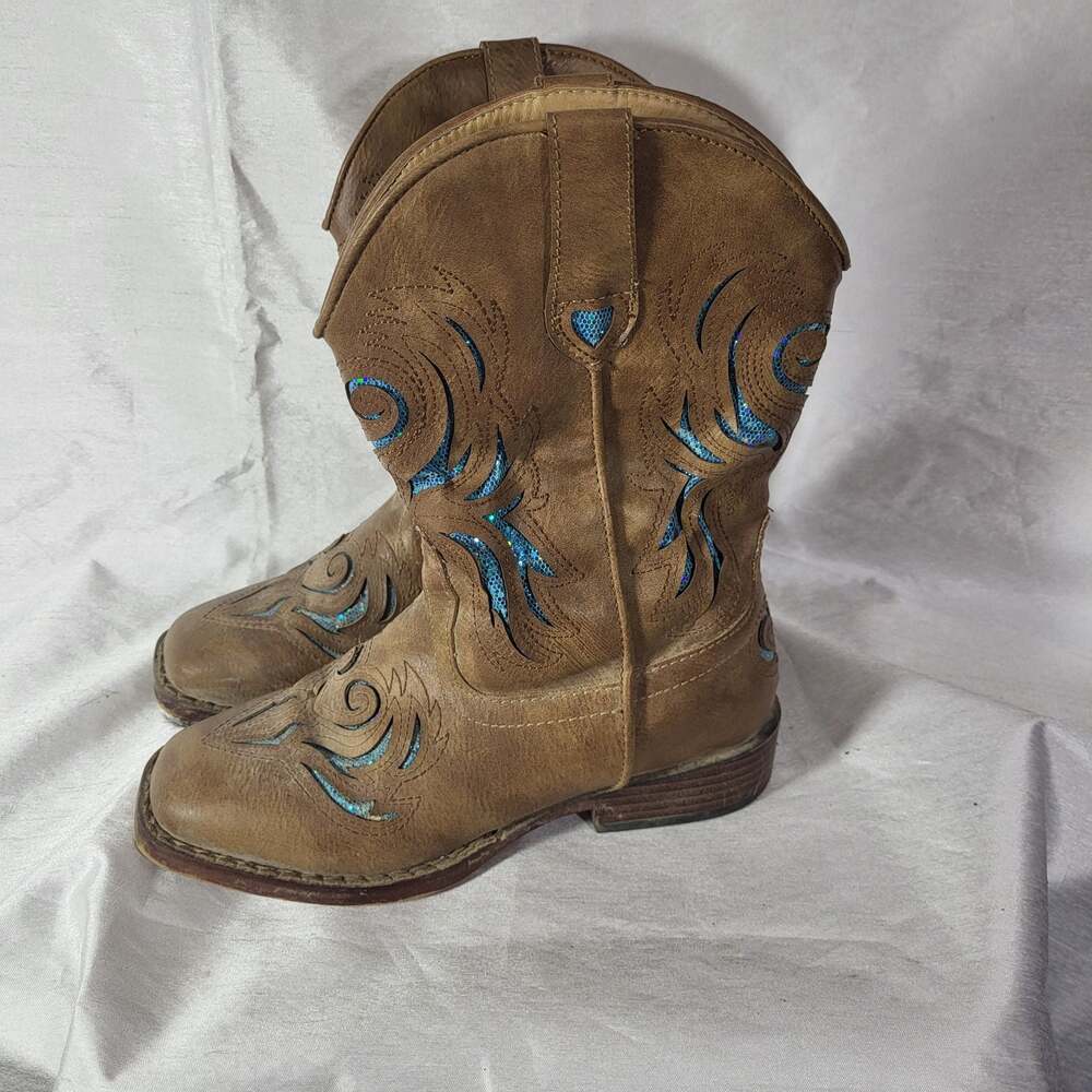 Roper Glitter Breeze Brown Faux Leather Western Cowgirl Boots, size 2